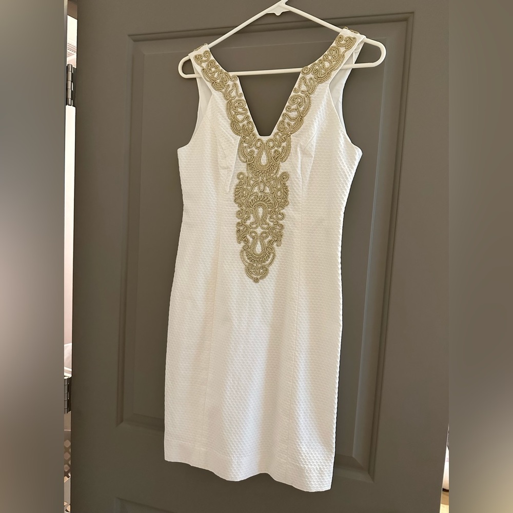 Lilly Pulitzer Resort White Gold Lace Embroidered Sleeveless Shift Mini Dress
